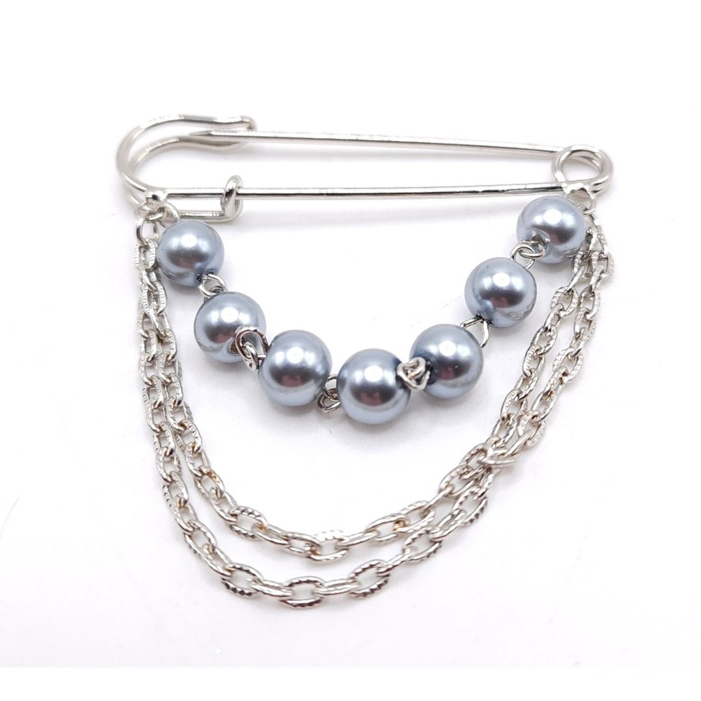 Silver‎ Safety Pin Brooch Gray Faux Pearl Chain Sweater Pin